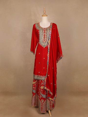 Red Floral Embroidery Crepe Palazzo Salwar Suit - Diadem