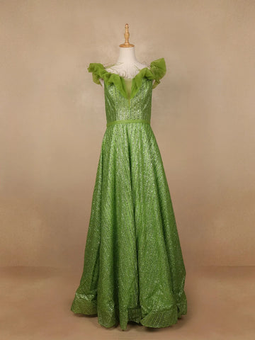 Parrot Green Glittery Party Wear Gowns for Mother & Daughter - Diadem