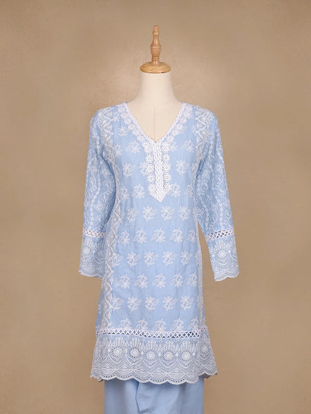 Blue Floral Embroidery Cotton Salwar Suit - Diadem