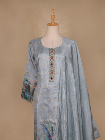 Blue Grey Floral Designed Semi Silk Salwar Suit - Diadem
