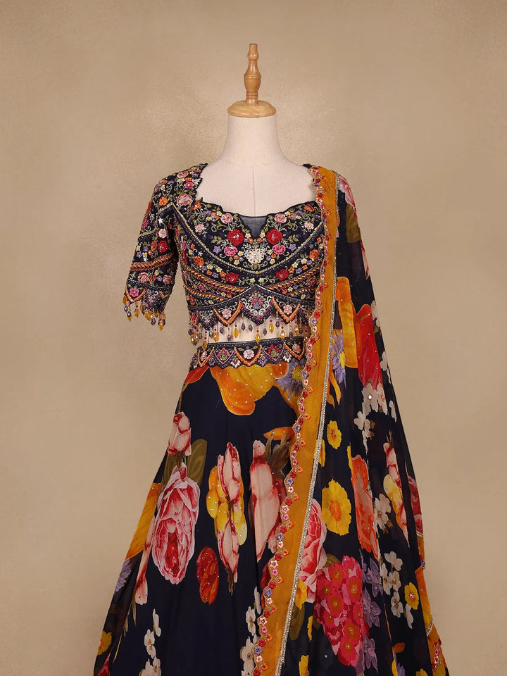 Black Floral Embroidered Chiffon Bridesmaids Lehenga - Diadem