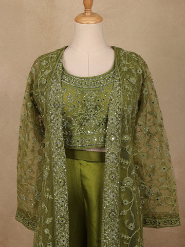 Olive Green Floral Design Net Palazzo Suit - Diadem