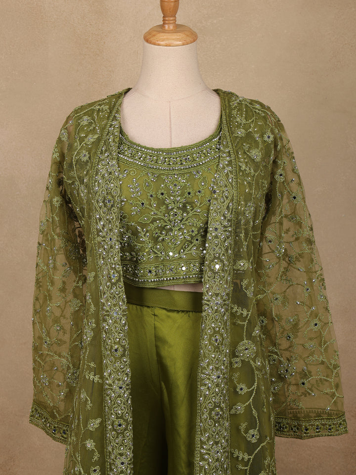 Olive Green Floral Design Net Palazzo Suit - Diadem
