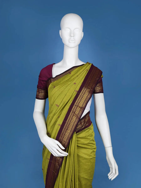 Parrot Green Floral Design Cotton Saree - Diadem