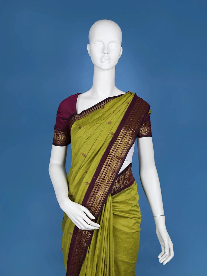 Parrot Green Floral Design Cotton Saree - Diadem