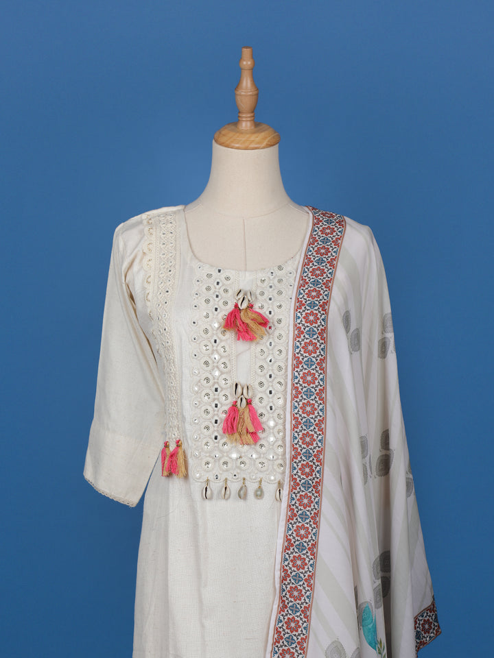 White Floral Design Cotton Salwar Suit - Diadem