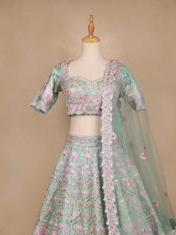 Sky Blue Floral Embroidered Raw Silk Bridesmaid Lehenga - Diadem