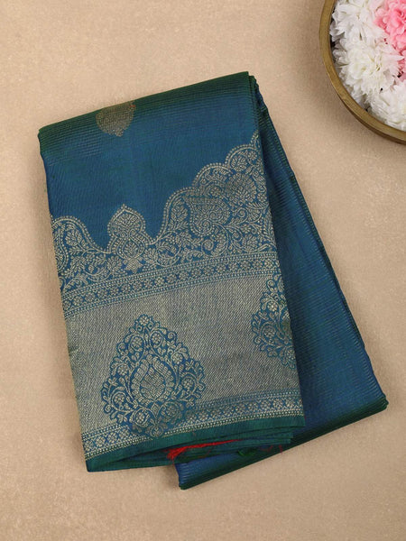 Peacock Blue Paisley And Vairaoosi Design Pure Kanchipuram Silk Saree - Diadem