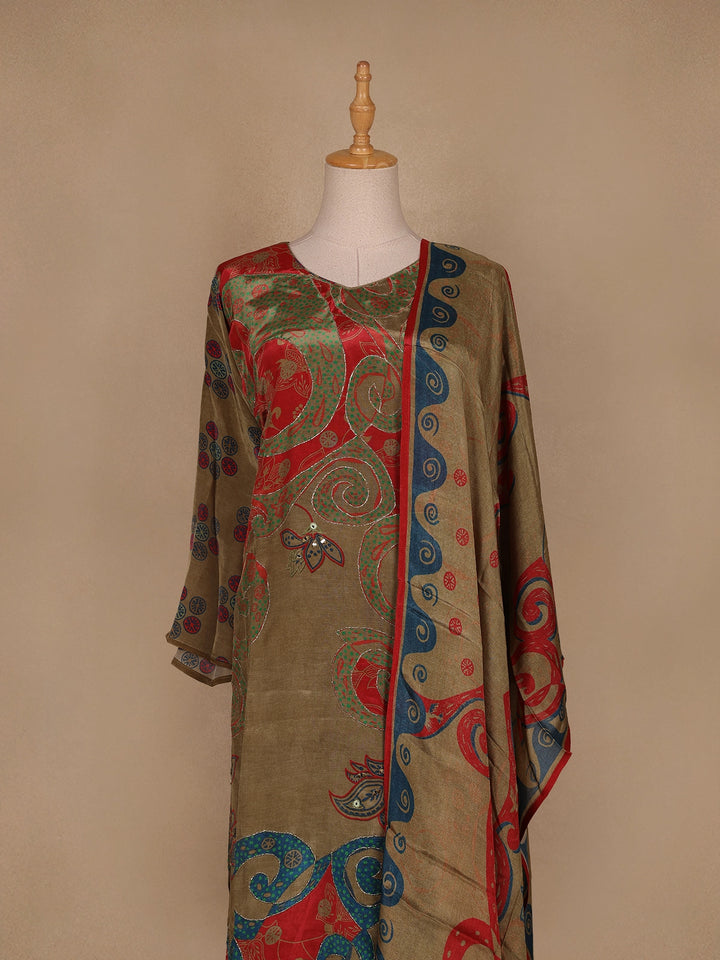 Olive Green Floral Designed Semi Silk Salwar Suit - Diadem