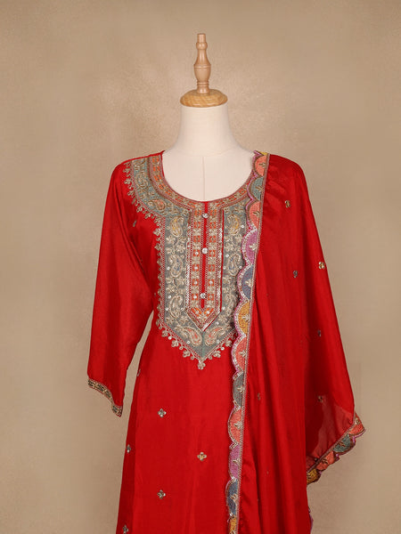 Red Floral Embroidery Crepe Palazzo Salwar Suit - Diadem