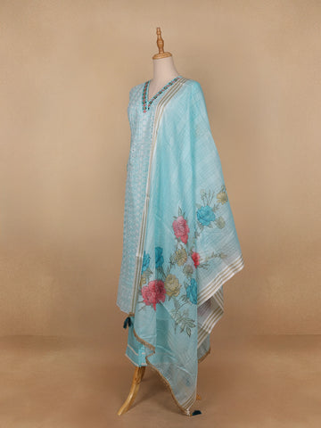 Sky Blue Floral Designed Cotton Salwar Suit - Diadem