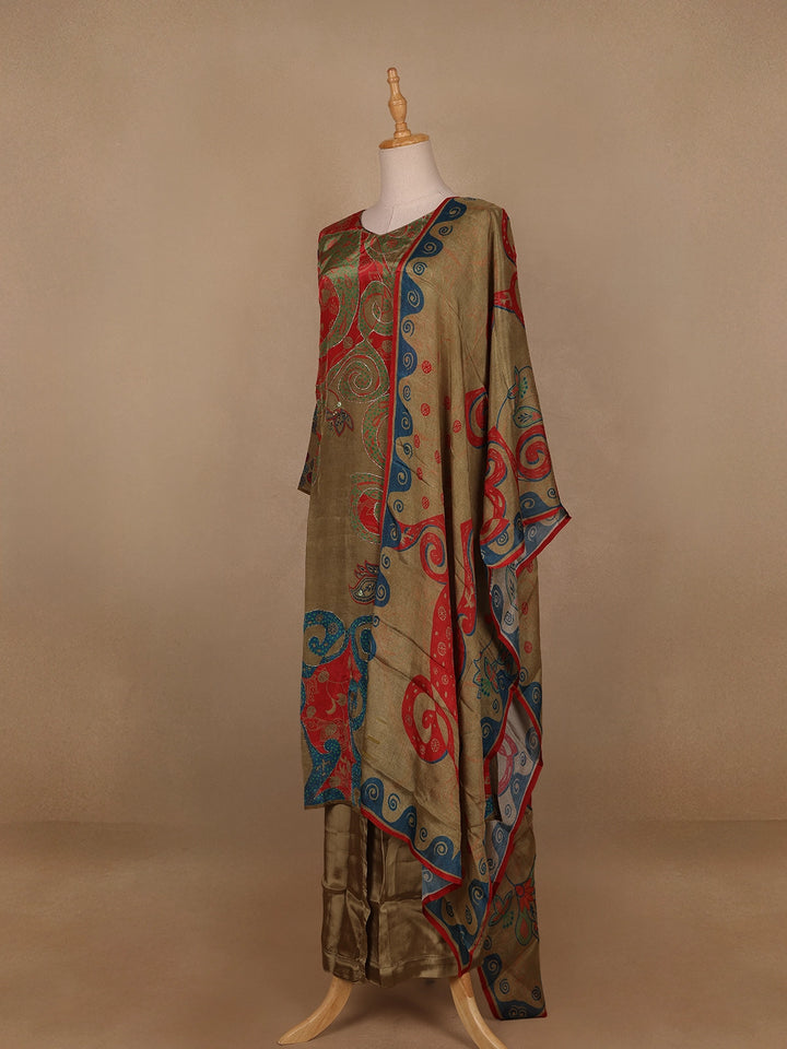 Olive Green Floral Designed Semi Silk Salwar Suit - Diadem