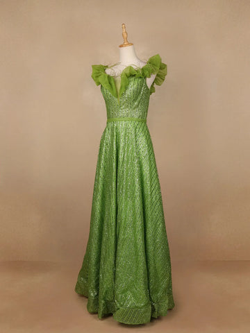 Parrot Green Glittery Party Wear Gowns for Mother & Daughter - Diadem