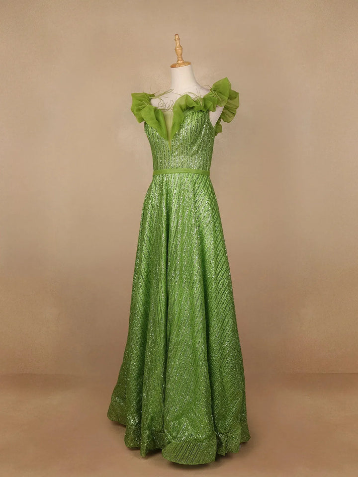 Parrot Green Glittery Party Wear Gowns for Mother & Daughter - Diadem