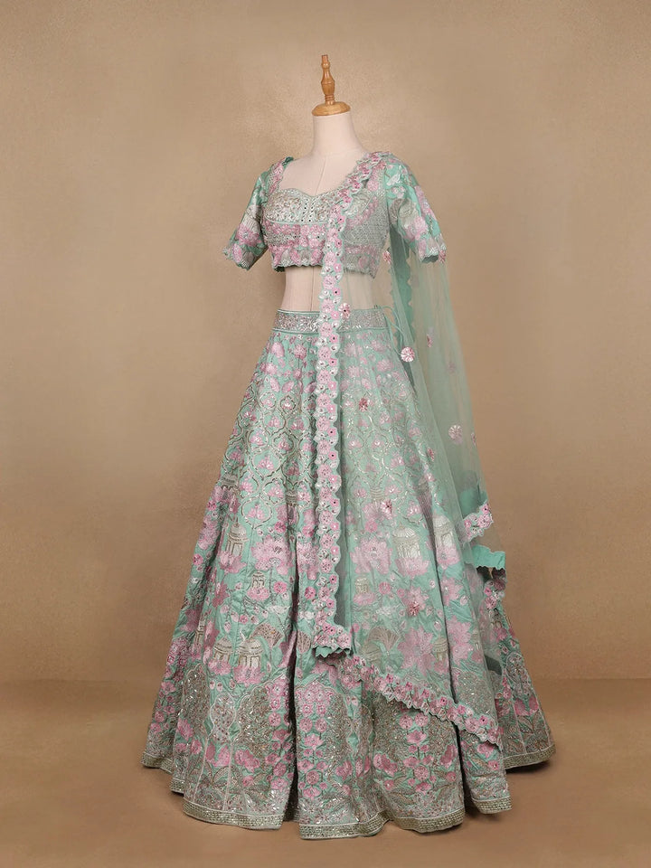 Sky Blue Floral Embroidered Raw Silk Bridesmaid Lehenga - Diadem