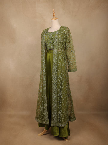 Olive Green Floral Design Net Palazzo Suit - Diadem