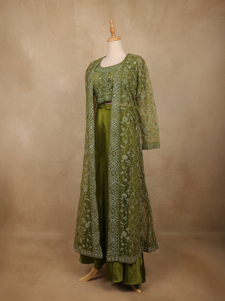 Olive Green Floral Design Net Palazzo Suit - Diadem