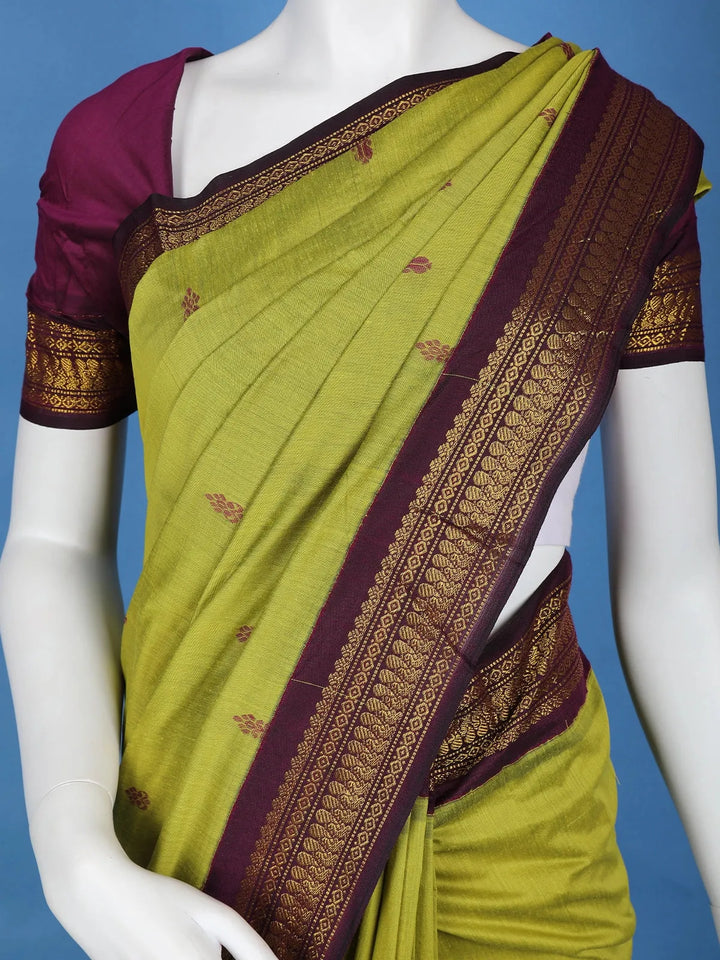 Parrot Green Floral Design Cotton Saree - Diadem