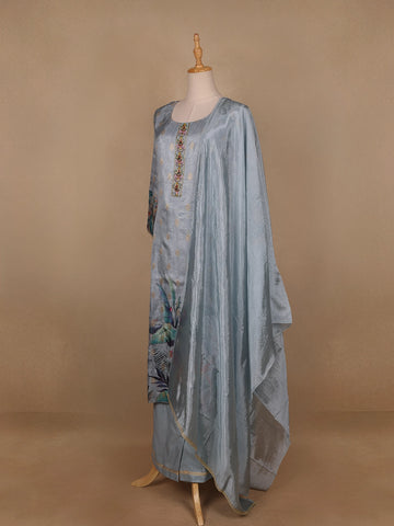 Blue Grey Floral Designed Semi Silk Salwar Suit - Diadem