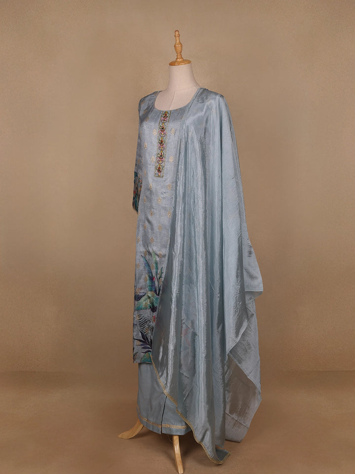 Blue Grey Floral Designed Semi Silk Salwar Suit - Diadem