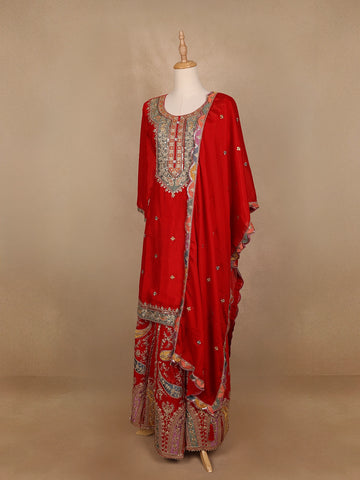 Red Floral Embroidery Crepe Palazzo Salwar Suit - Diadem