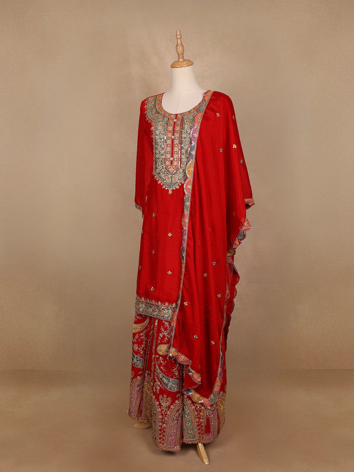 Red Floral Embroidery Crepe Palazzo Salwar Suit - Diadem
