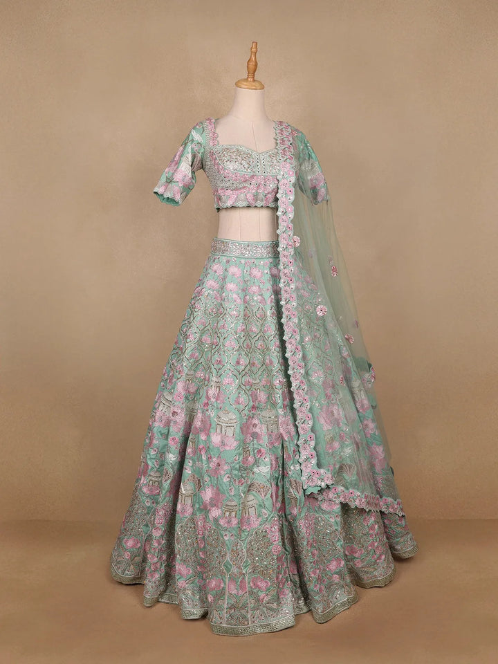 Sky Blue Floral Embroidered Raw Silk Bridesmaid Lehenga - Diadem