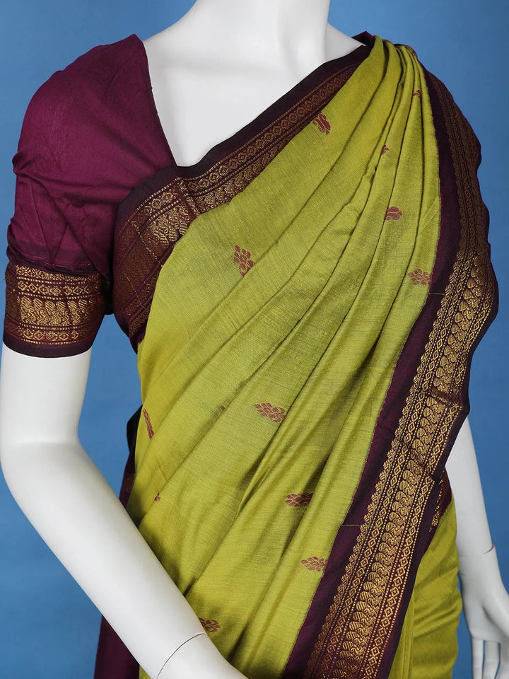 Parrot Green Floral Design Cotton Saree - Diadem