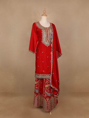 Red Floral Embroidery Crepe Palazzo Salwar Suit - Diadem