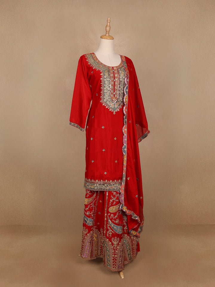 Red Floral Embroidery Crepe Palazzo Salwar Suit - Diadem