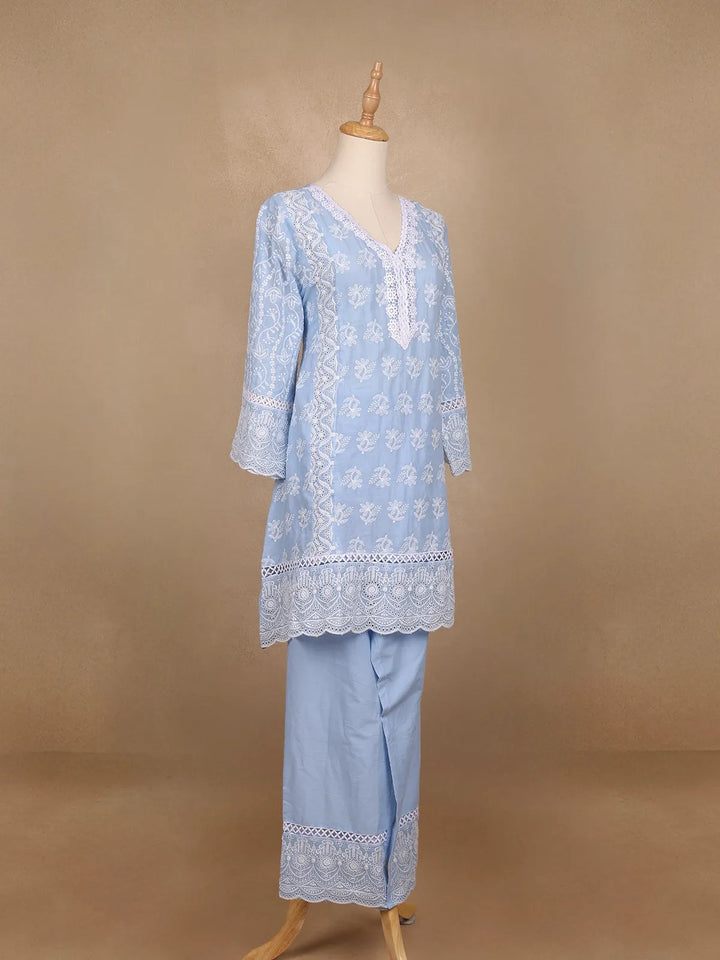 Blue Floral Embroidery Cotton Salwar Suit - Diadem
