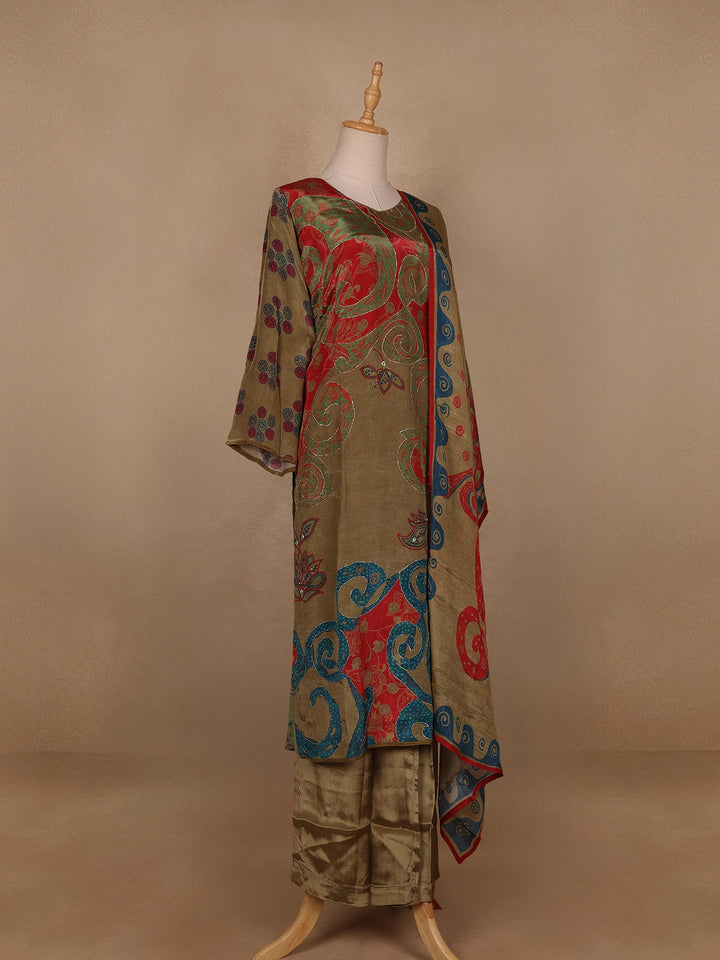 Olive Green Floral Designed Semi Silk Salwar Suit - Diadem