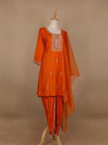 Orange Floral Designed Raw Silk Dhoti Salwar Suit - Diadem