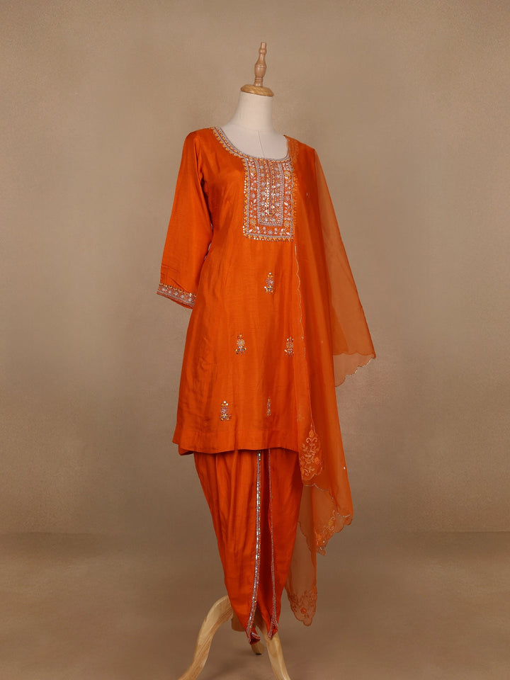 Orange Floral Designed Raw Silk Dhoti Salwar Suit - Diadem