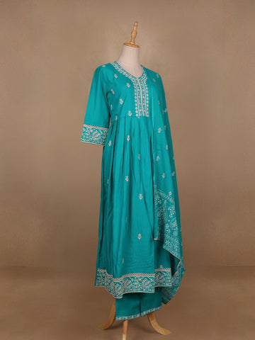 Blue Floral Designed Cotton Salwar Suit - Diadem