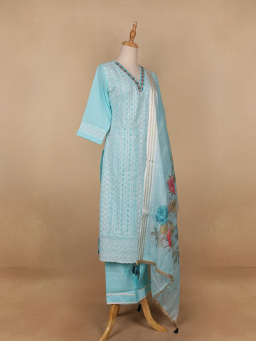 Sky Blue Floral Designed Cotton Salwar Suit - Diadem
