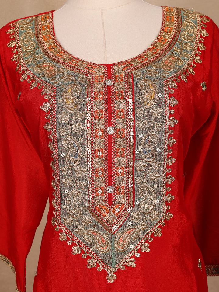Red Floral Embroidery Crepe Palazzo Salwar Suit - Diadem