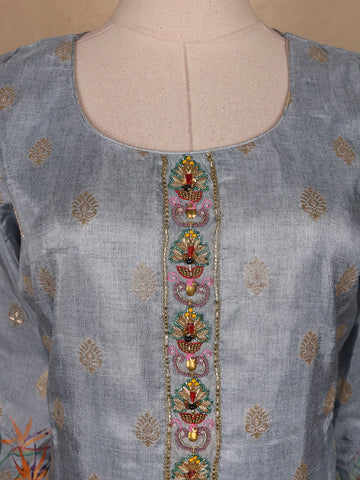 Blue Grey Floral Designed Semi Silk Salwar Suit - Diadem