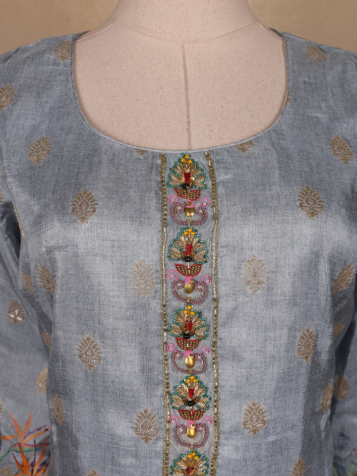 Blue Grey Floral Designed Semi Silk Salwar Suit - Diadem