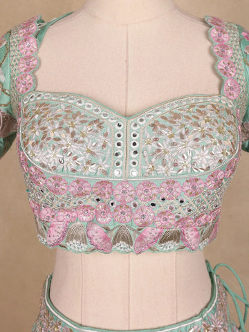 Sky Blue Floral Embroidered Raw Silk Bridesmaid Lehenga - Diadem