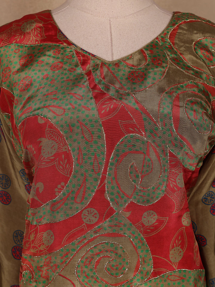 Olive Green Floral Designed Semi Silk Salwar Suit - Diadem