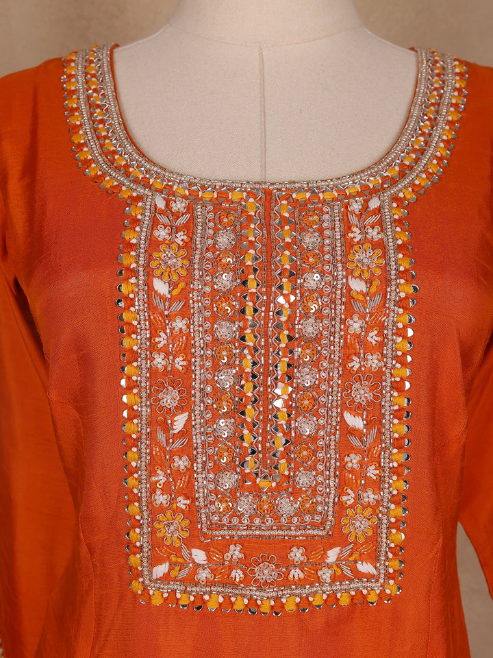 Orange Floral Designed Raw Silk Dhoti Salwar Suit - Diadem