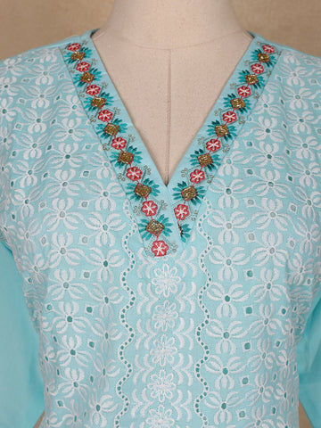 Sky Blue Floral Designed Cotton Salwar Suit - Diadem