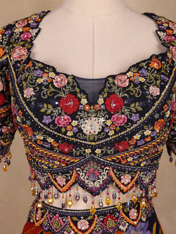 Black Floral Embroidered Chiffon Bridesmaids Lehenga - Diadem