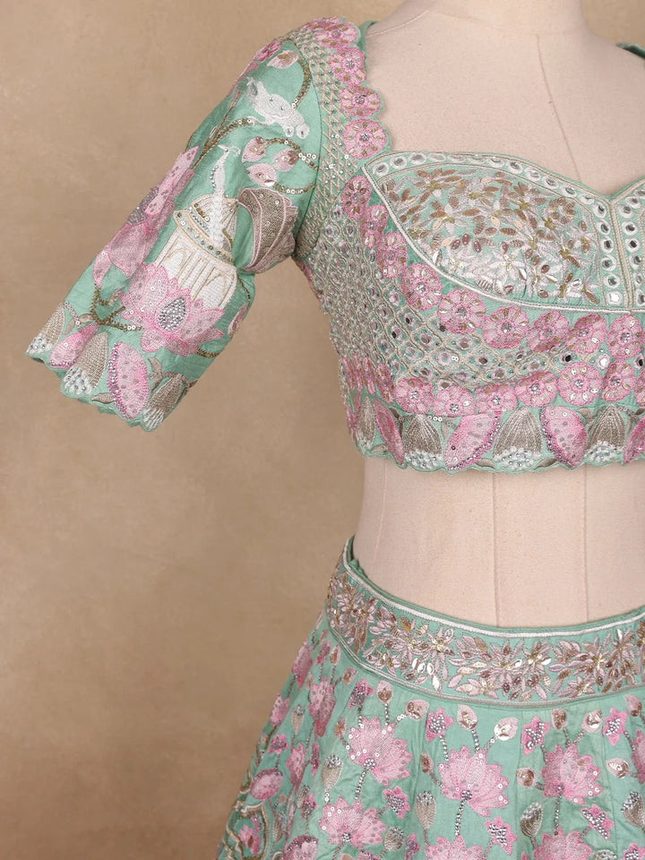 Sky Blue Floral Embroidered Raw Silk Bridesmaid Lehenga - Diadem