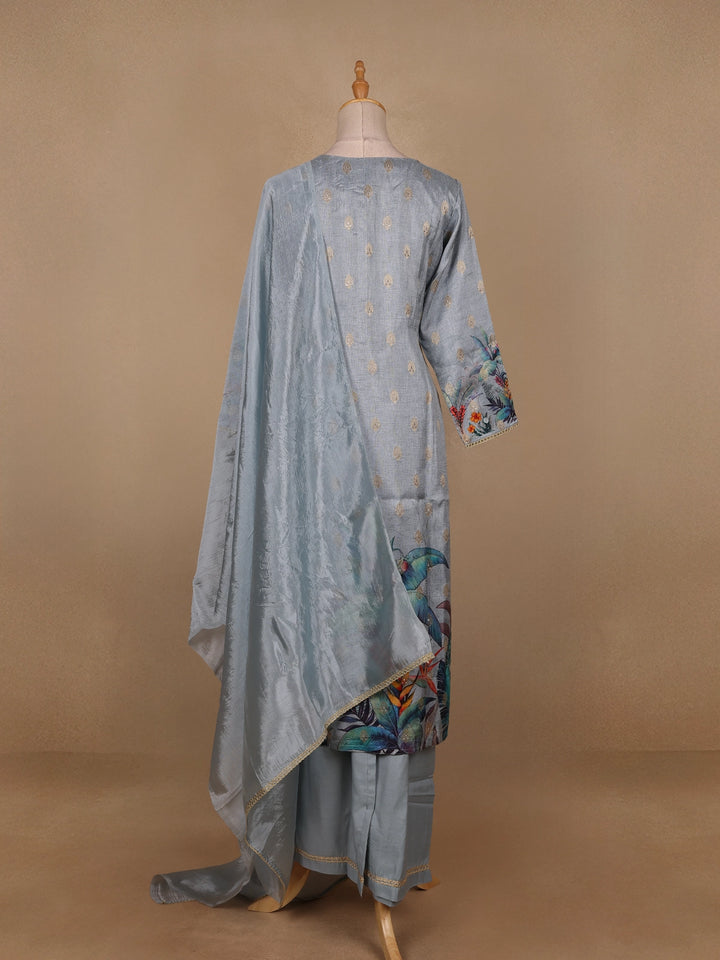 Blue Grey Floral Designed Semi Silk Salwar Suit - Diadem