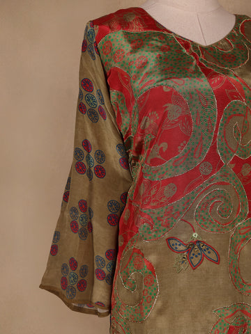 Olive Green Floral Designed Semi Silk Salwar Suit - Diadem