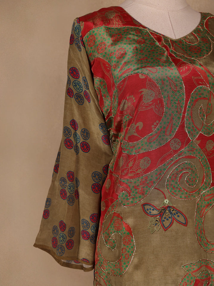 Olive Green Floral Designed Semi Silk Salwar Suit - Diadem