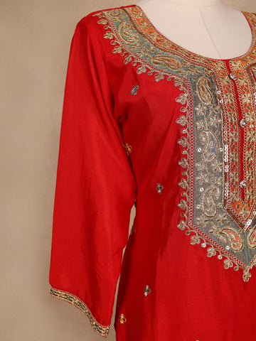 Red Floral Embroidery Crepe Palazzo Salwar Suit - Diadem