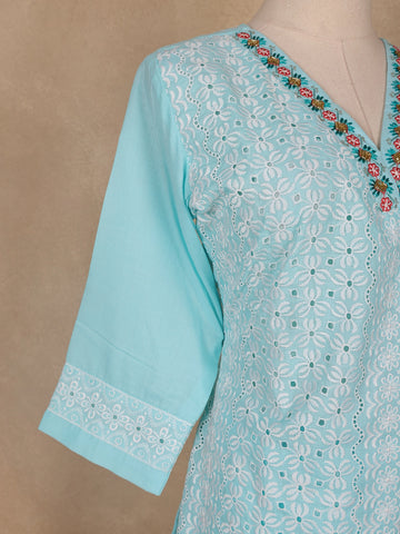 Sky Blue Floral Designed Cotton Salwar Suit - Diadem
